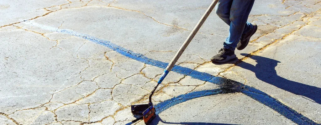 person cracksealing pavement